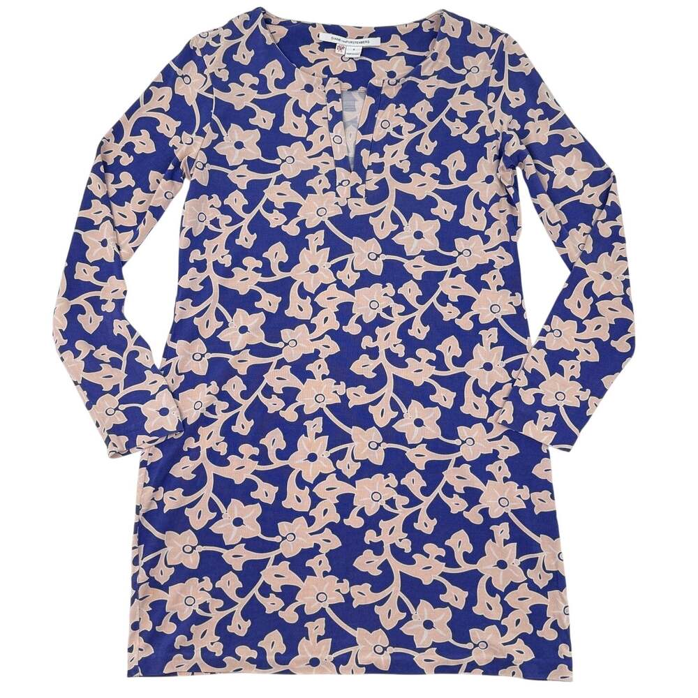 Diane von Furstenberg DVF Silk Jersey Floral Shift Dress Blue Pink Size 8